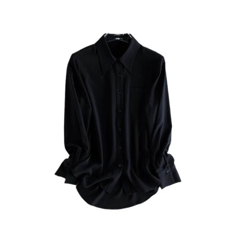 Damen seidenähnliche Oversize-Bluse mit spitzem Hemdkragen und Brusttasche Drune
