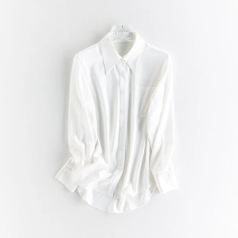 Damen seidenähnliche Oversize-Bluse mit spitzem Hemdkragen und Brusttasche Drune