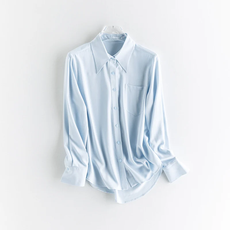 Damen seidenähnliche Oversize-Bluse mit spitzem Hemdkragen und Brusttasche Drune