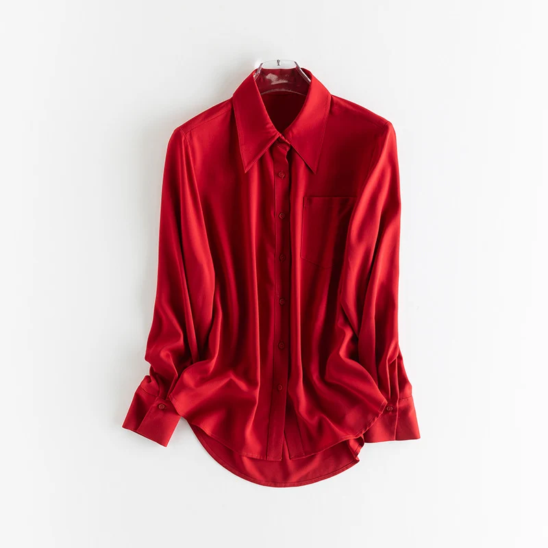 Damen seidenähnliche Oversize-Bluse mit spitzem Hemdkragen und Brusttasche Drune