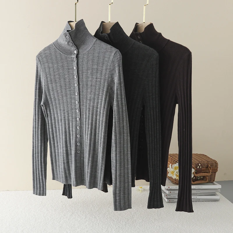 Damen Schmaler Rippen-Longsleeve-Cardigan mit verdeckter Knopfleiste und Stehkragen Drune