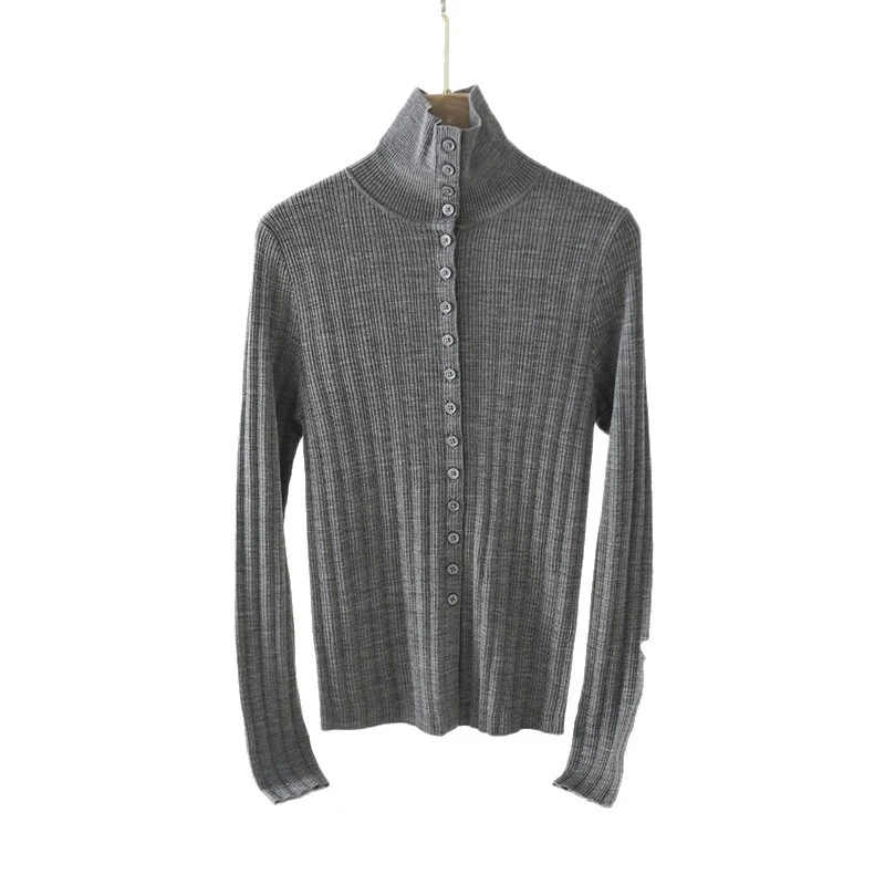 Damen Schmaler Rippen-Longsleeve-Cardigan mit verdeckter Knopfleiste und Stehkragen Drune