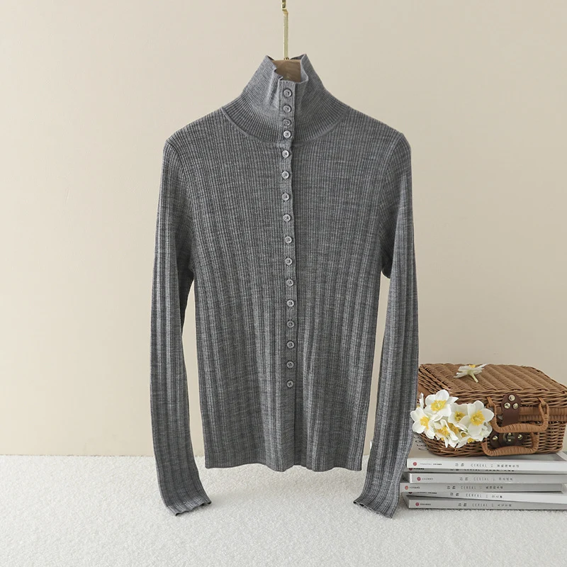 Damen Schmaler Rippen-Longsleeve-Cardigan mit verdeckter Knopfleiste und Stehkragen Drune