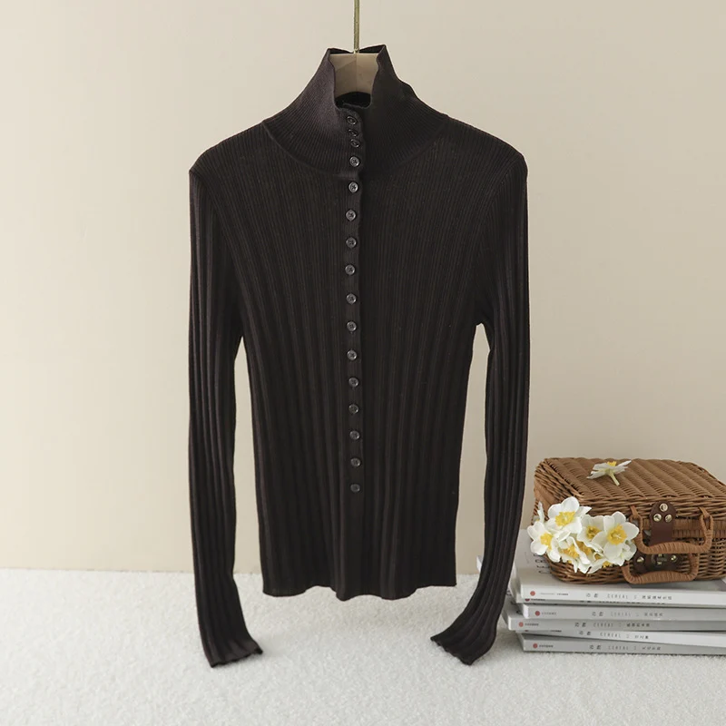 Damen Schmaler Rippen-Longsleeve-Cardigan mit verdeckter Knopfleiste und Stehkragen Drune