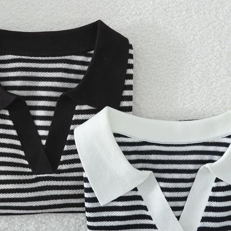 Damen Ringel-Polo-Feinstrickshirt mit offenem V-Schlitz und kontrastierendem Kragen Drune