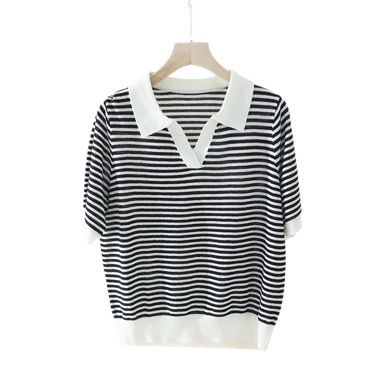 Damen Ringel-Polo-Feinstrickshirt mit offenem V-Schlitz und kontrastierendem Kragen Drune