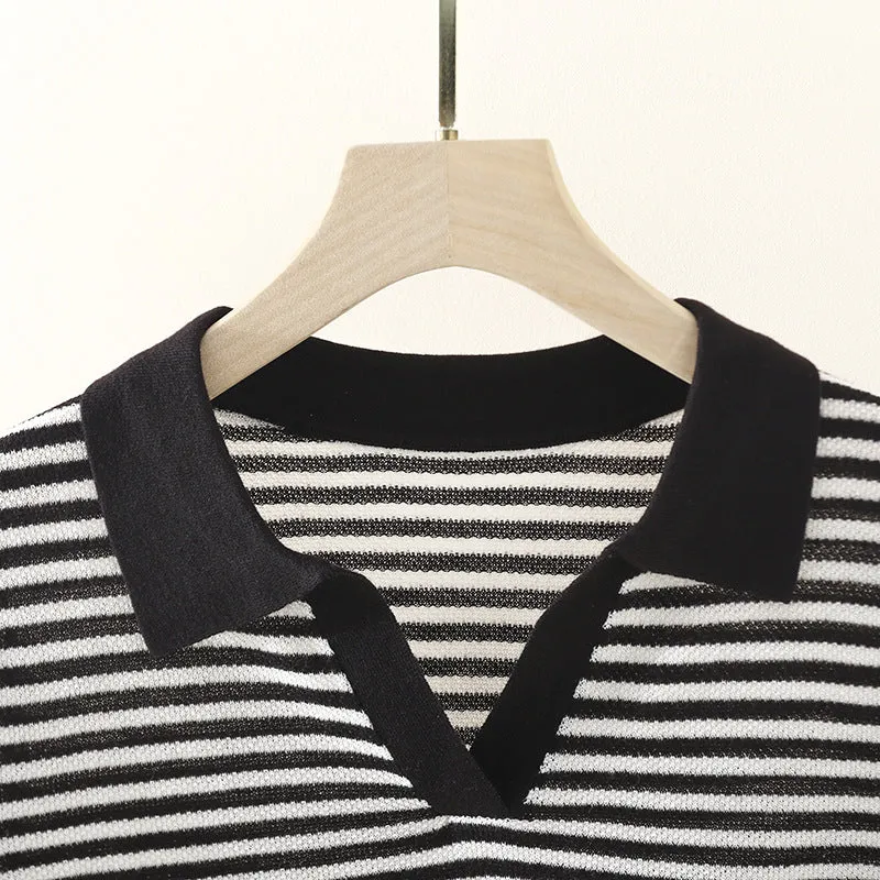 Damen Ringel-Polo-Feinstrickshirt mit offenem V-Schlitz und kontrastierendem Kragen Drune