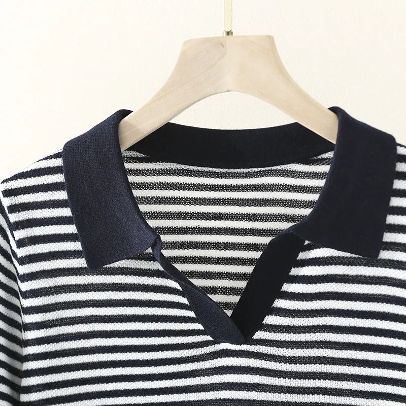 Damen Ringel-Polo-Feinstrickshirt mit offenem V-Schlitz und kontrastierendem Kragen Drune
