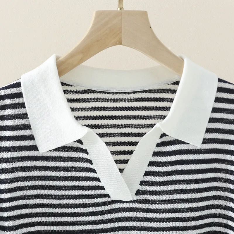 Damen Ringel-Polo-Feinstrickshirt mit offenem V-Schlitz und kontrastierendem Kragen Drune