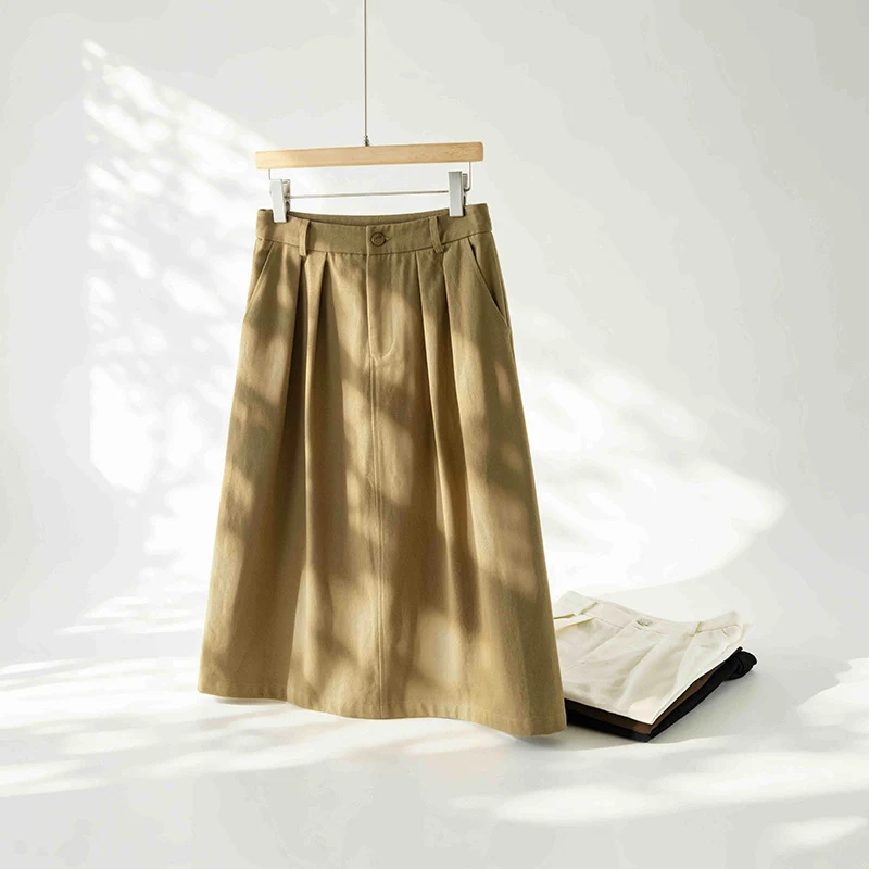 Damen Midirock mit hoher Taille, soften Falten und Eingrifftaschen Drune