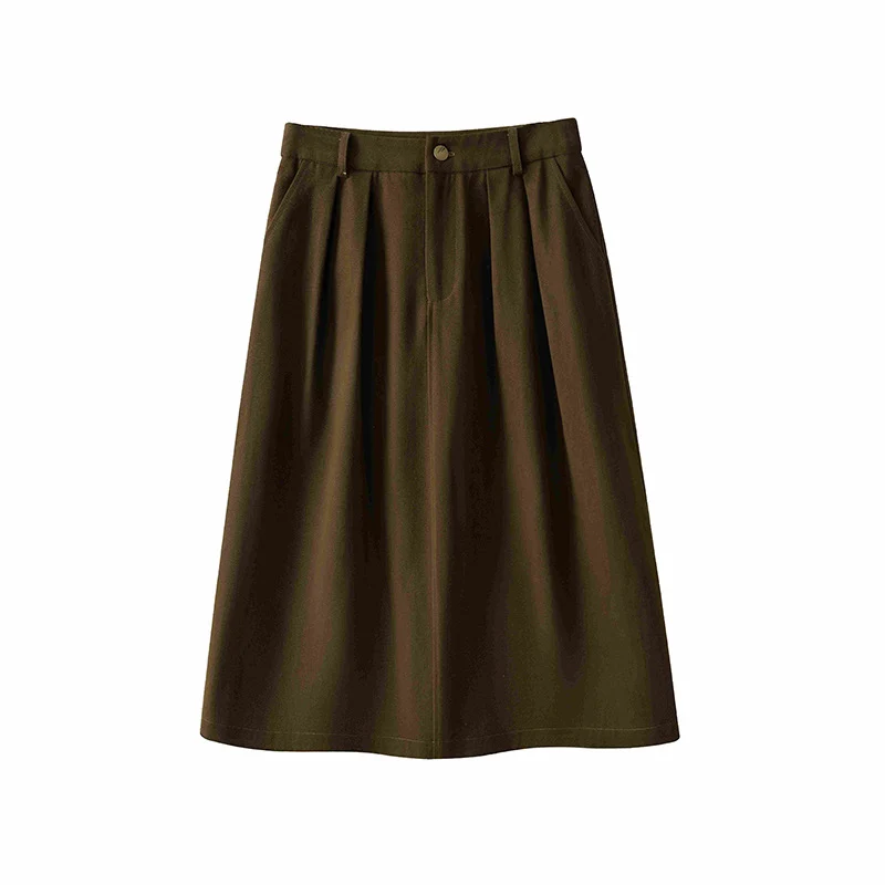Damen Midirock mit hoher Taille, soften Falten und Eingrifftaschen Drune