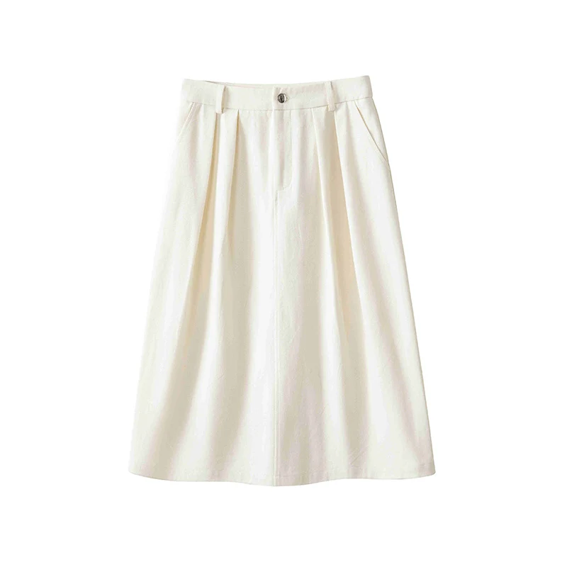Damen Midirock mit hoher Taille, soften Falten und Eingrifftaschen Drune