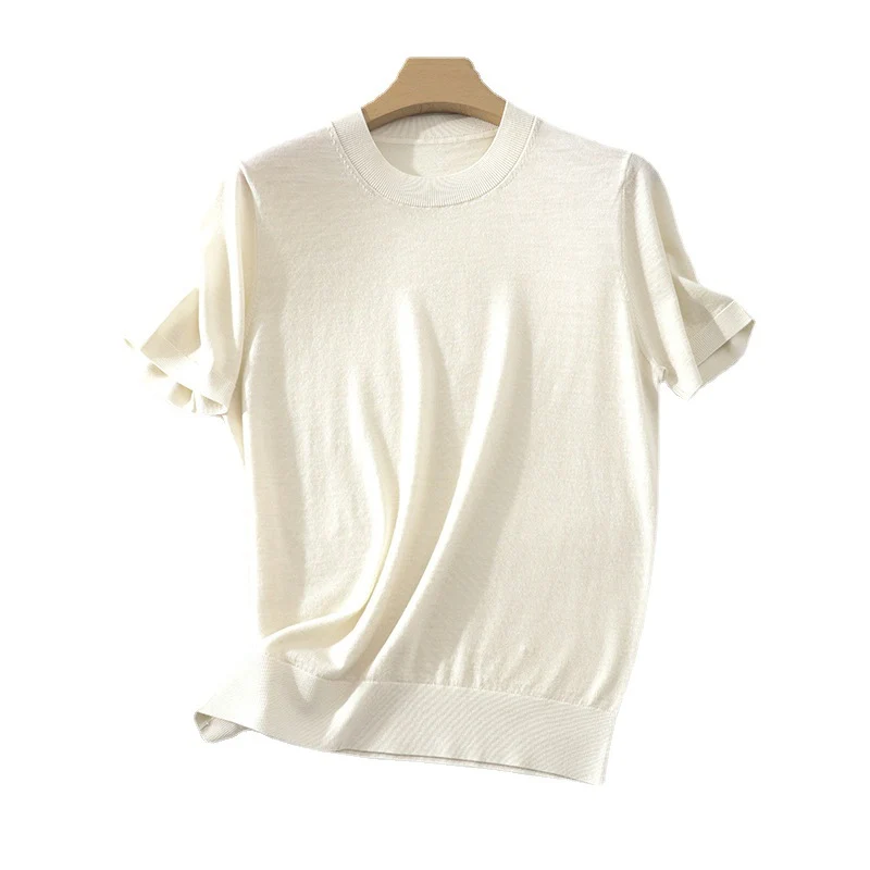 Damen Leichtes Kurzarm-Stricktop aus feinem Jersey mit Rundhals und Saumblende Drune