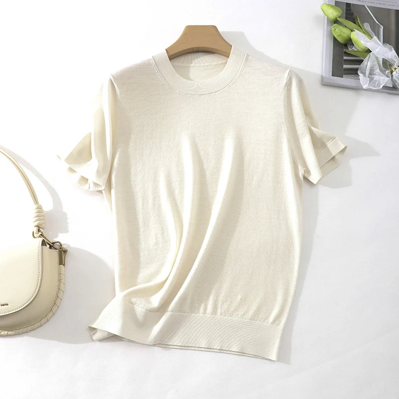 Damen Leichtes Kurzarm-Stricktop aus feinem Jersey mit Rundhals und Saumblende Drune