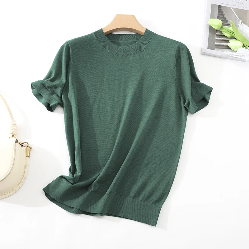 Damen Leichtes Kurzarm-Stricktop aus feinem Jersey mit Rundhals und Saumblende Drune