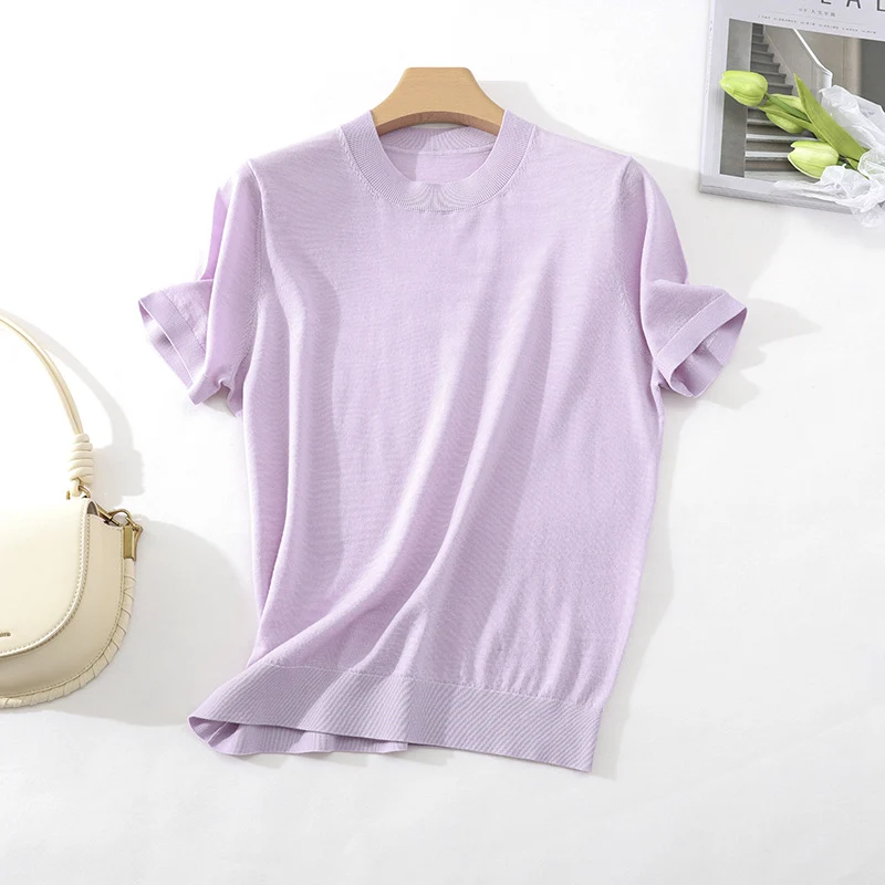 Damen Leichtes Kurzarm-Stricktop aus feinem Jersey mit Rundhals und Saumblende Drune