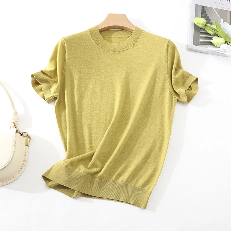 Damen Leichtes Kurzarm-Stricktop aus feinem Jersey mit Rundhals und Saumblende Drune