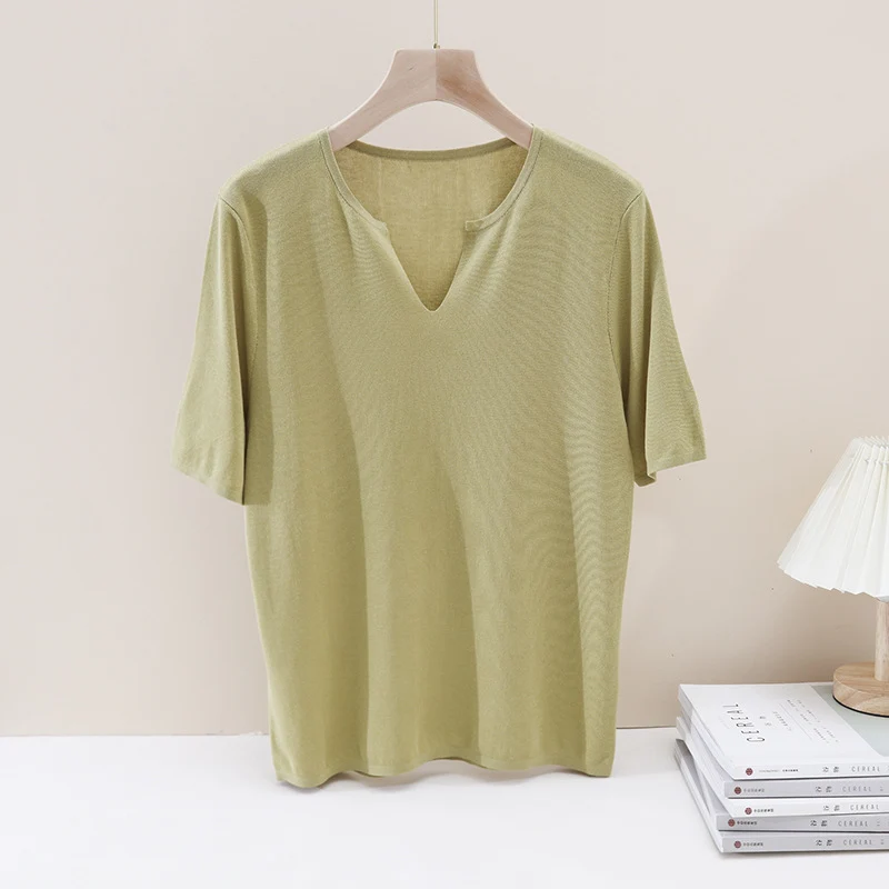 Damen Leichtes Kurzarm-Feinstrickshirt mit V-Notch-Ausschnitt und lockerem Fall Drune