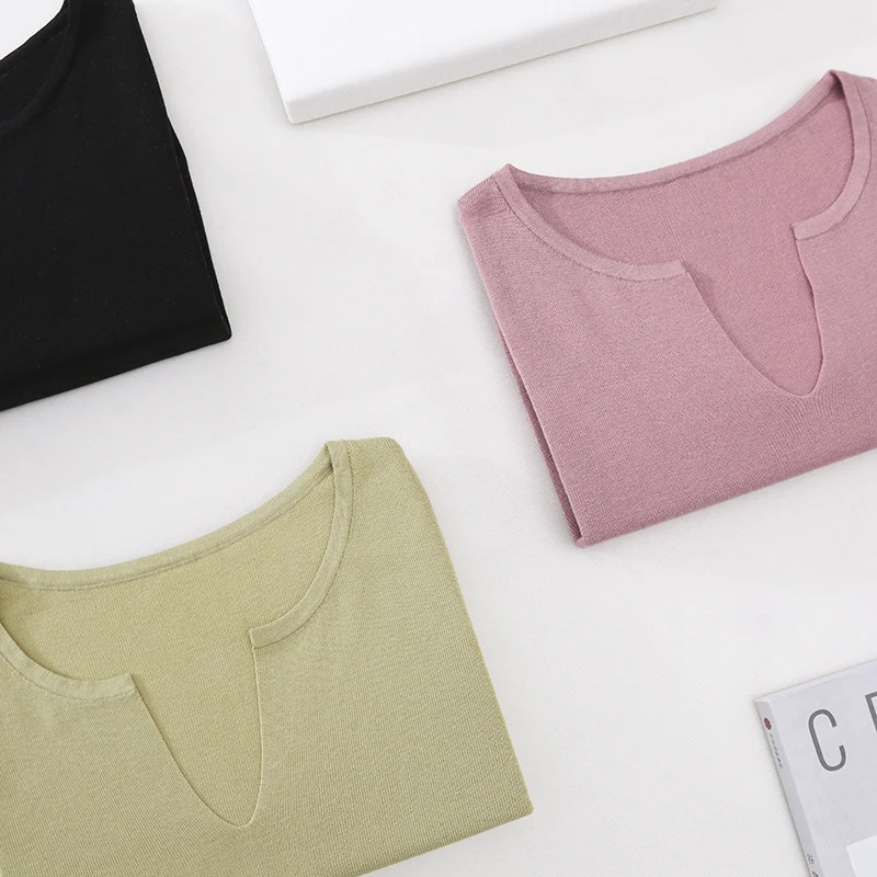 Damen Leichtes Kurzarm-Feinstrickshirt mit V-Notch-Ausschnitt und lockerem Fall Drune
