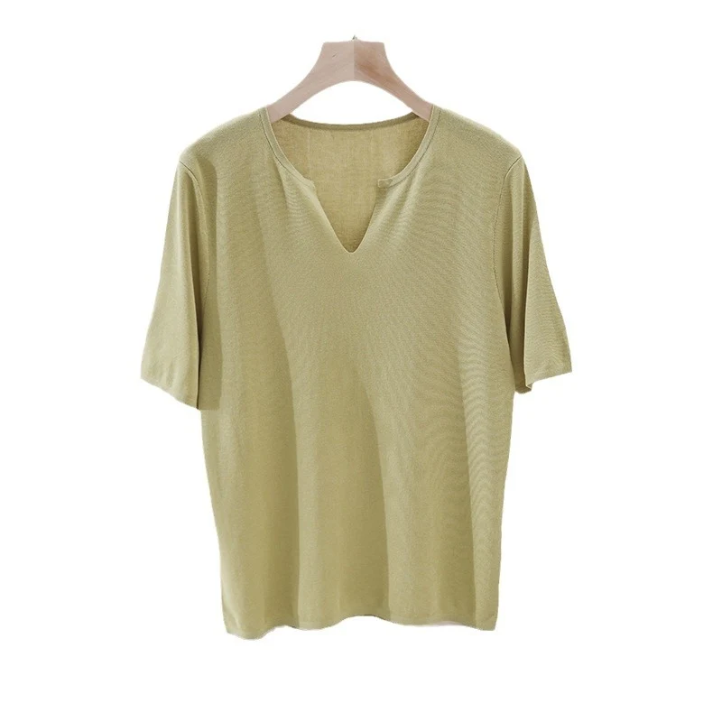 Damen Leichtes Kurzarm-Feinstrickshirt mit V-Notch-Ausschnitt und lockerem Fall Drune