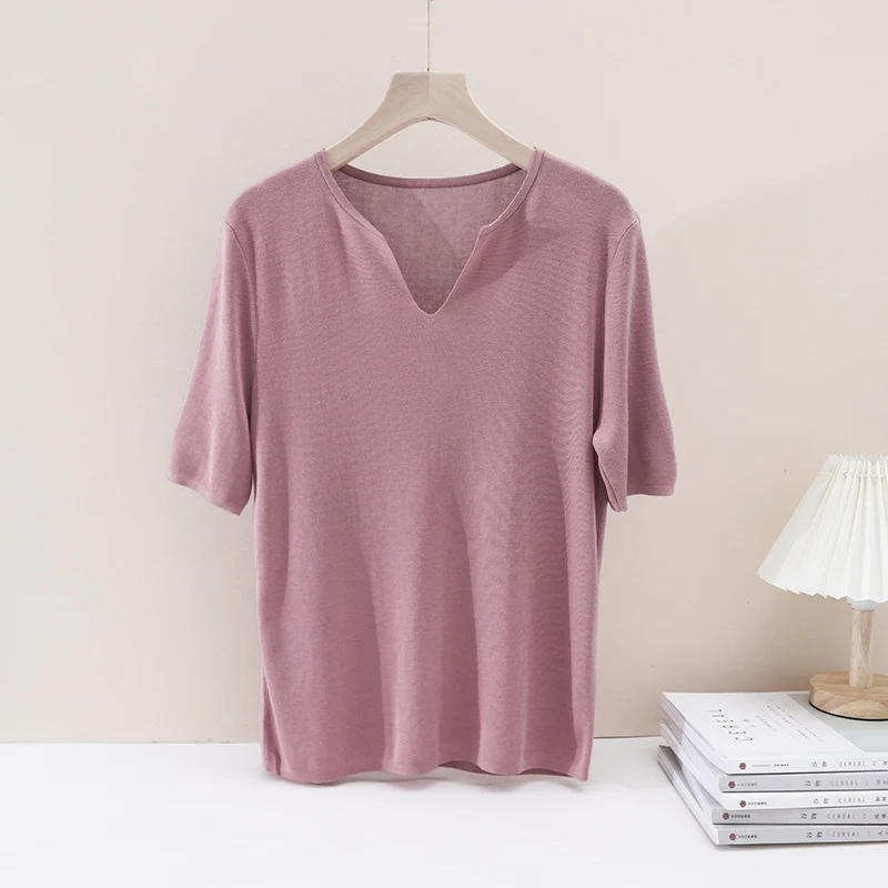 Damen Leichtes Kurzarm-Feinstrickshirt mit V-Notch-Ausschnitt und lockerem Fall Drune