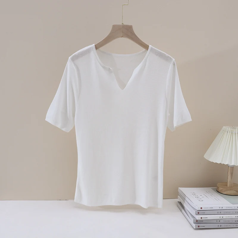 Damen Leichtes Kurzarm-Feinstrickshirt mit V-Notch-Ausschnitt und lockerem Fall Drune