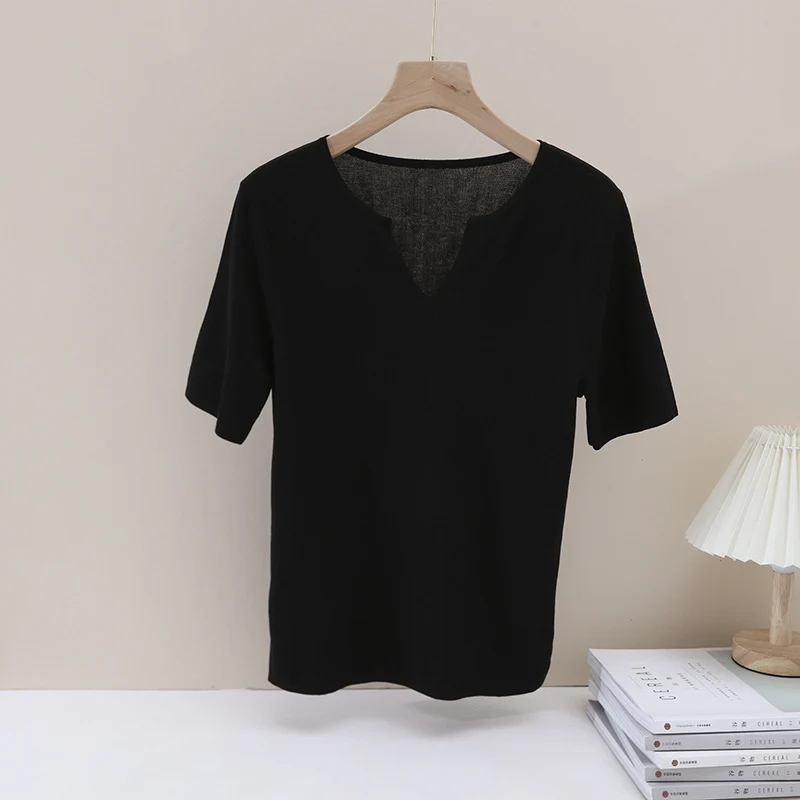 Damen Leichtes Kurzarm-Feinstrickshirt mit V-Notch-Ausschnitt und lockerem Fall Drune