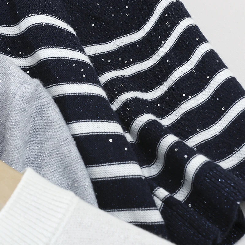 Damen Leichtes gestreiftes Feinstrickshirt mit Rundhalsausschnitt & kurzem Arm Drune