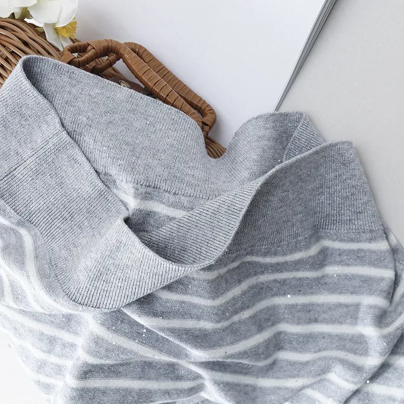Damen Leichtes gestreiftes Feinstrickshirt mit Rundhalsausschnitt & kurzem Arm Drune
