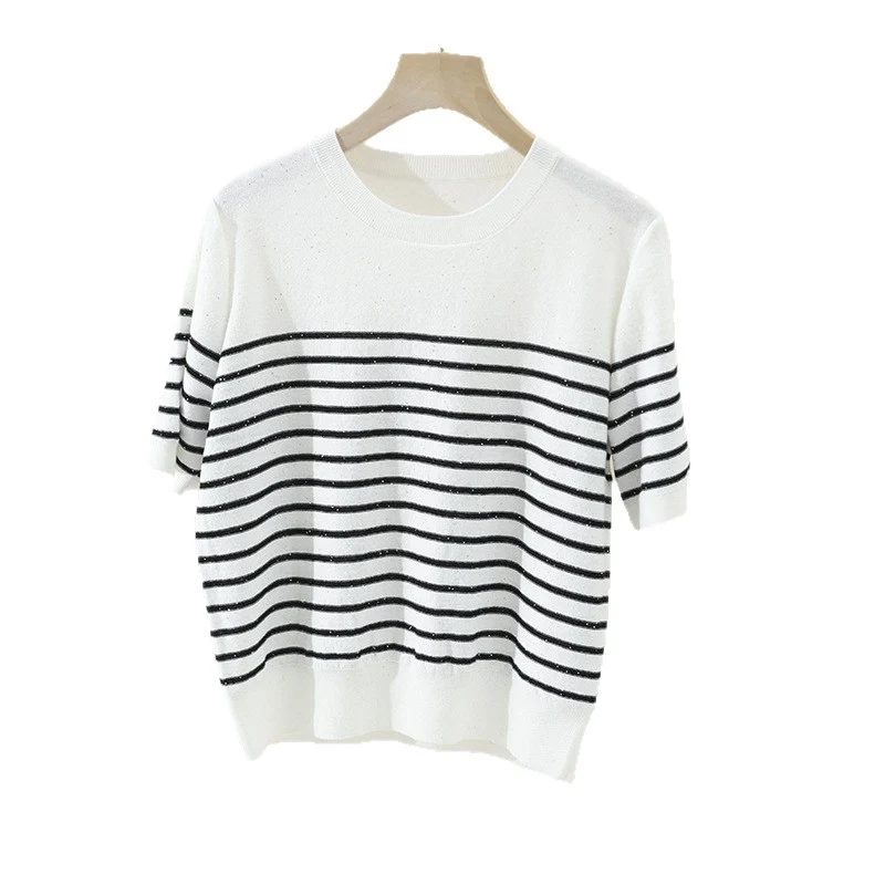 Damen Leichtes gestreiftes Feinstrickshirt mit Rundhalsausschnitt & kurzem Arm Drune