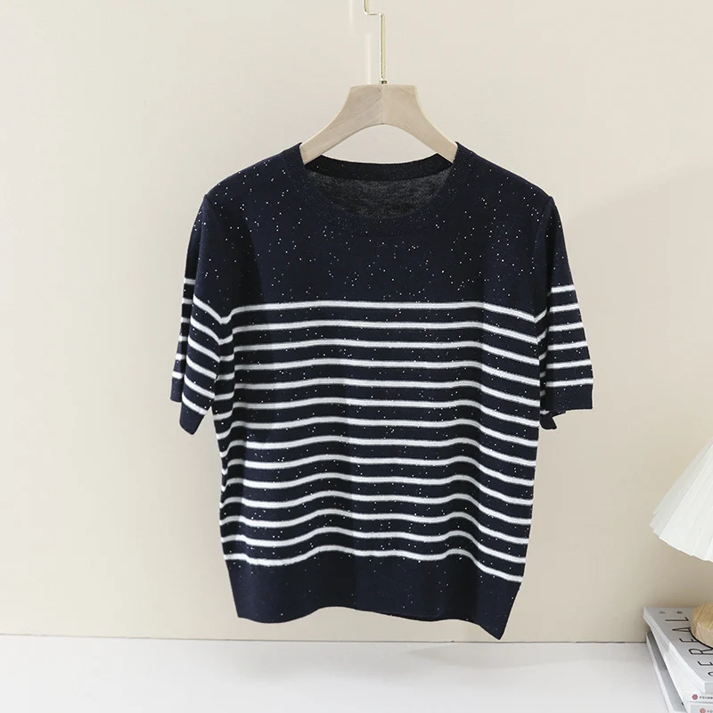 Damen Leichtes gestreiftes Feinstrickshirt mit Rundhalsausschnitt & kurzem Arm Drune