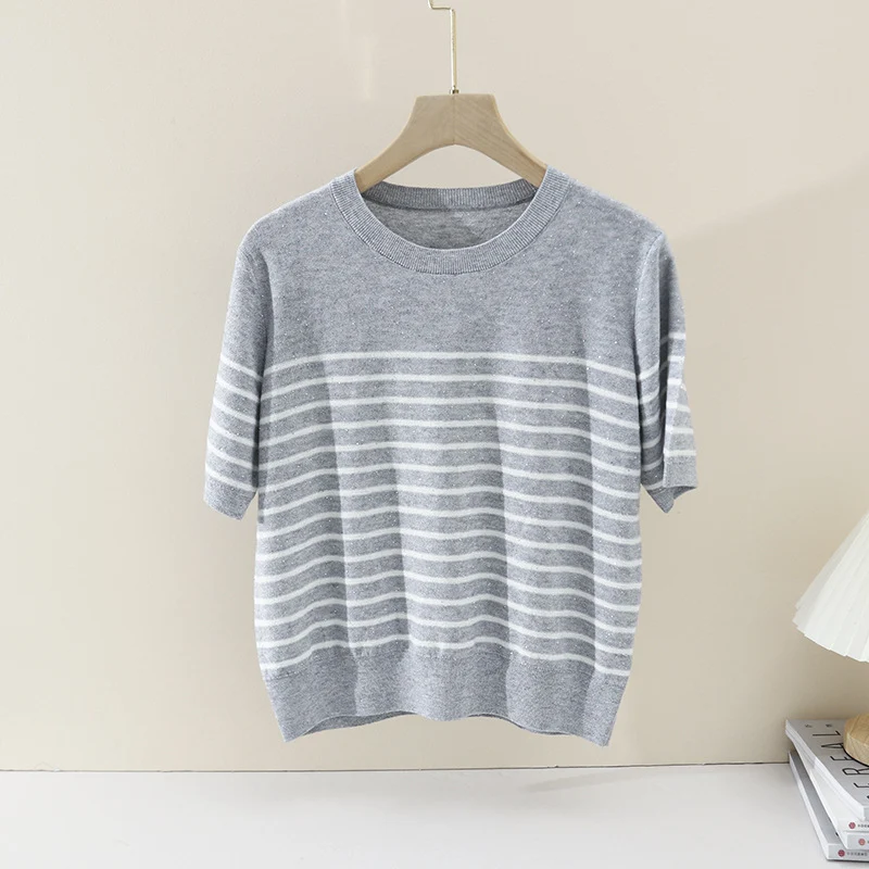 Damen Leichtes gestreiftes Feinstrickshirt mit Rundhalsausschnitt & kurzem Arm Drune