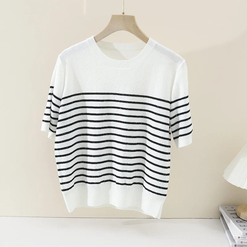 Damen Leichtes gestreiftes Feinstrickshirt mit Rundhalsausschnitt & kurzem Arm Drune