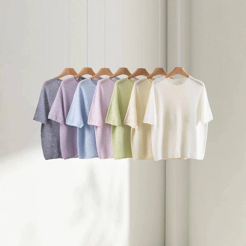 Damen Leichtes Feinstrick-Shirt mit halblangen Ärmeln, Rundhals und feinem Lochmuster Drune
