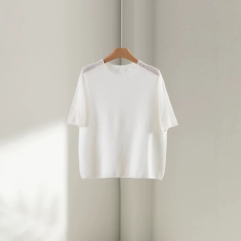 Damen Leichtes Feinstrick-Shirt mit halblangen Ärmeln, Rundhals und feinem Lochmuster Drune