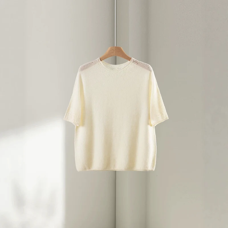 Damen Leichtes Feinstrick-Shirt mit halblangen Ärmeln, Rundhals und feinem Lochmuster Drune