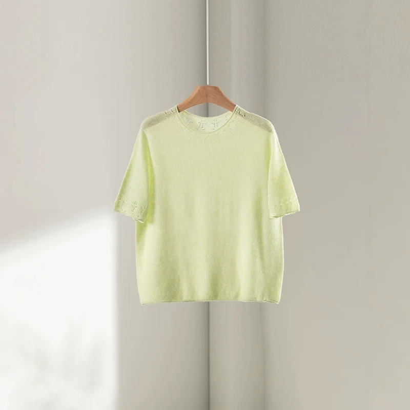 Damen Leichtes Feinstrick-Shirt mit halblangen Ärmeln, Rundhals und feinem Lochmuster Drune