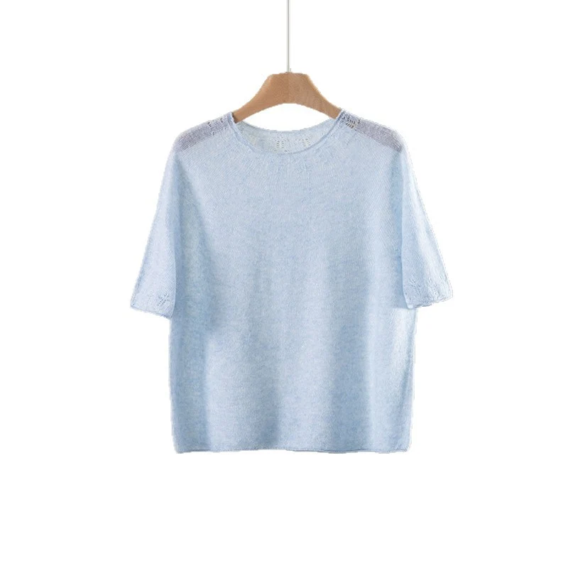 Damen Leichtes Feinstrick-Shirt mit halblangen Ärmeln, Rundhals und feinem Lochmuster Drune