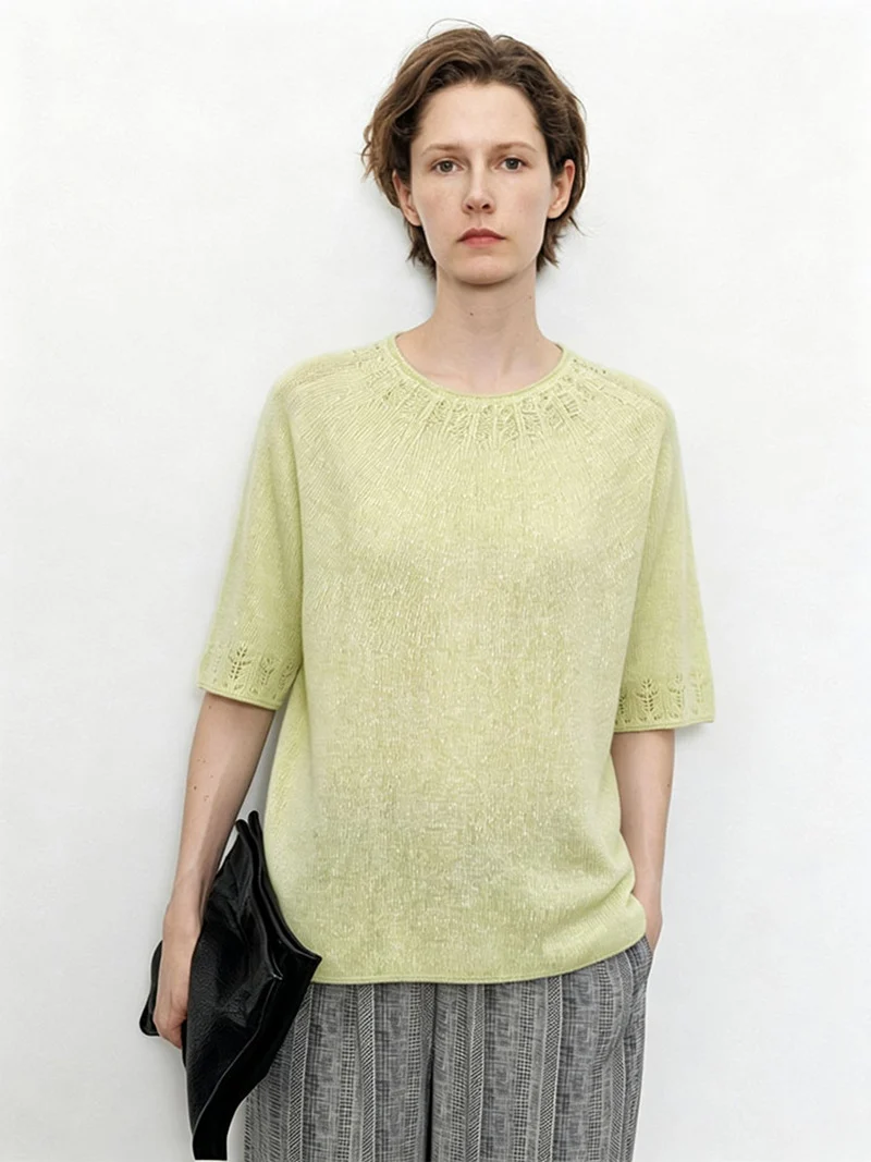 Damen Leichtes Feinstrick-Shirt mit halblangen Ärmeln, Rundhals und feinem Lochmuster Drune