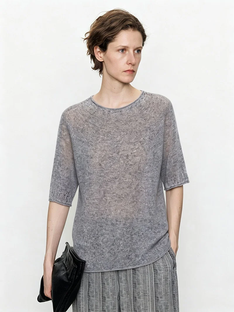 Damen Leichtes Feinstrick-Shirt mit halblangen Ärmeln, Rundhals und feinem Lochmuster Drune