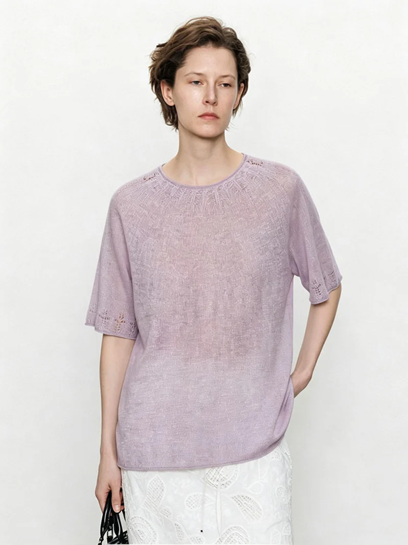 Damen Leichtes Feinstrick-Shirt mit halblangen Ärmeln, Rundhals und feinem Lochmuster Drune