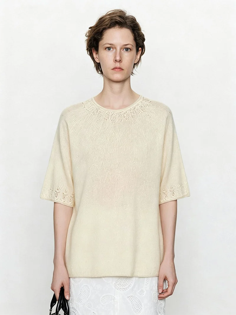 Damen Leichtes Feinstrick-Shirt mit halblangen Ärmeln, Rundhals und feinem Lochmuster Drune