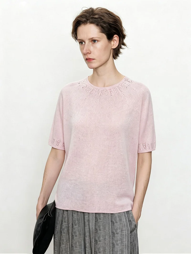 Damen Leichtes Feinstrick-Shirt mit halblangen Ärmeln, Rundhals und feinem Lochmuster Drune