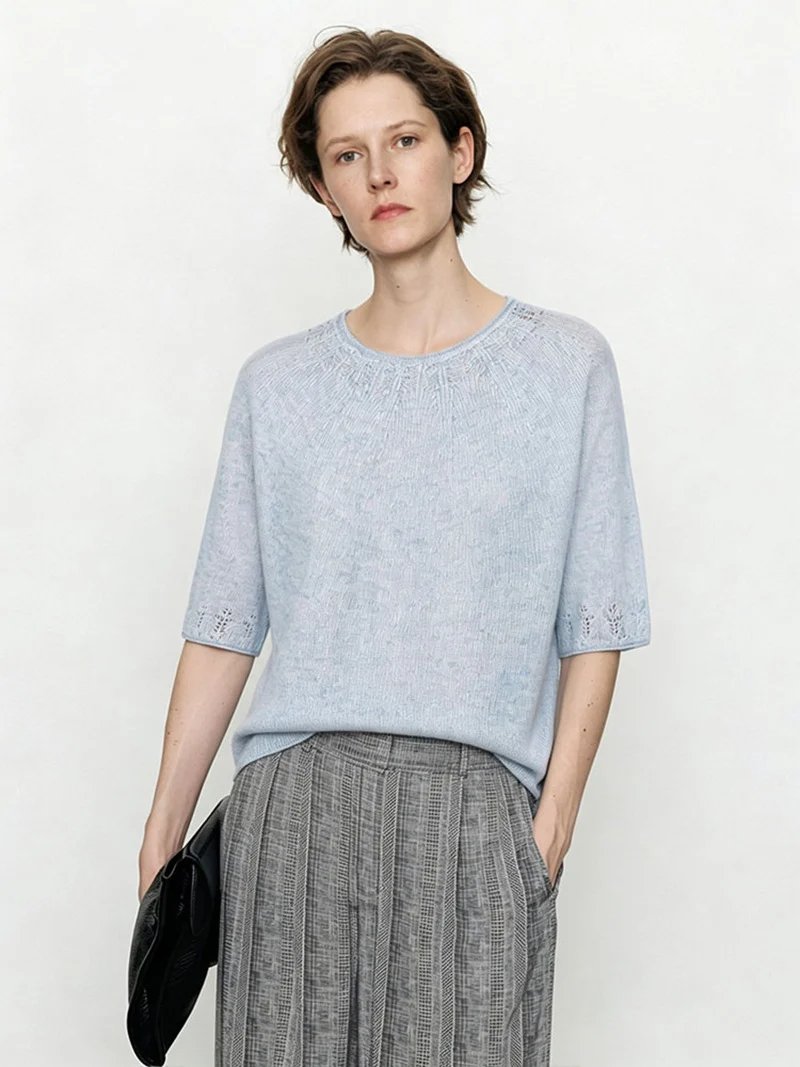 Damen Leichtes Feinstrick-Shirt mit halblangen Ärmeln, Rundhals und feinem Lochmuster Drune