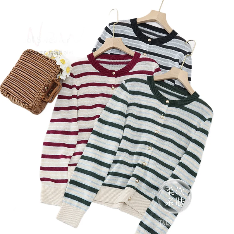 Damen Leichter Streifen-Cardigan aus Baumwollmix mit Perlmutt-Druckknöpfen und Rippbündchen Drune