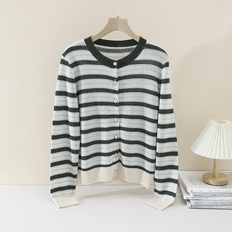 Damen Leichter Streifen-Cardigan aus Baumwollmix mit Perlmutt-Druckknöpfen und Rippbündchen Drune