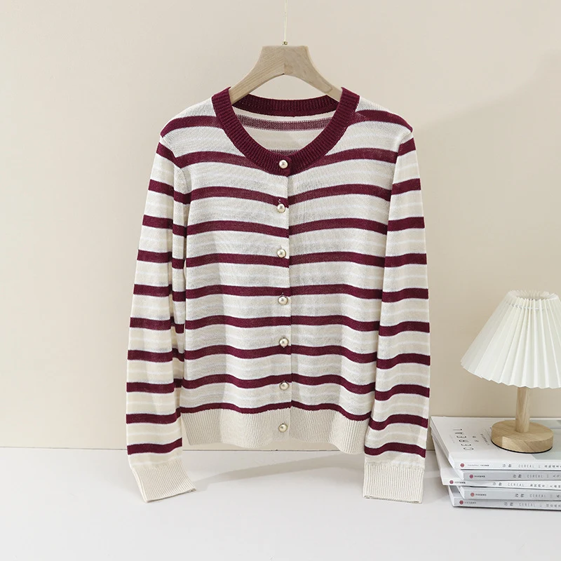 Damen Leichter Streifen-Cardigan aus Baumwollmix mit Perlmutt-Druckknöpfen und Rippbündchen Drune