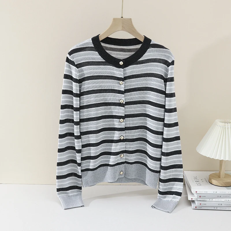 Damen Leichter Streifen-Cardigan aus Baumwollmix mit Perlmutt-Druckknöpfen und Rippbündchen Drune
