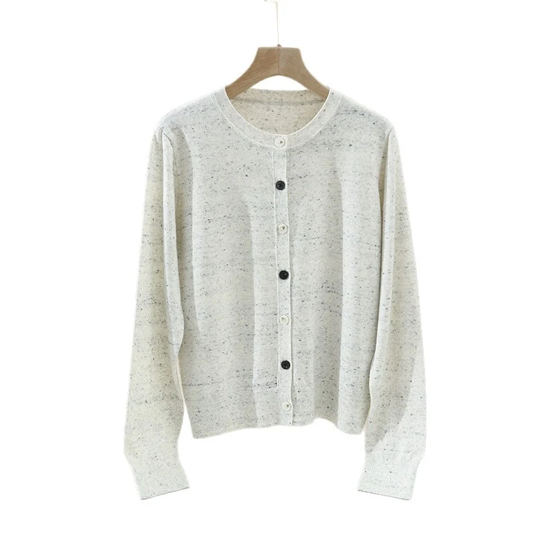 Damen Leichter gestrickter Kurzcardigan mit Rundhals, Mélange‑Struktur und kontrastierenden Knöpfen Drune