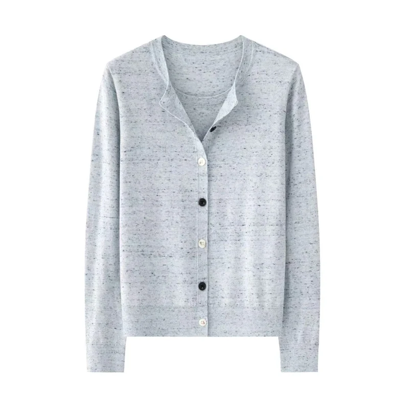 Damen Leichter gestrickter Kurzcardigan mit Rundhals, Mélange‑Struktur und kontrastierenden Knöpfen Drune